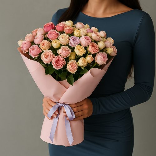 Букет пионовидных кустовых роз «Пленительный рассвет»