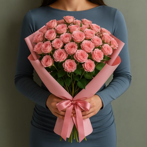 Нежный букет кустовых роз «Розовый рассвет»