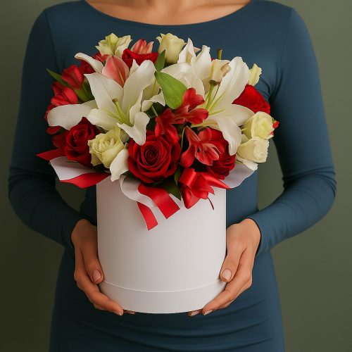Цветы в коробке «Красно-белая гармония с лилиями и розами»